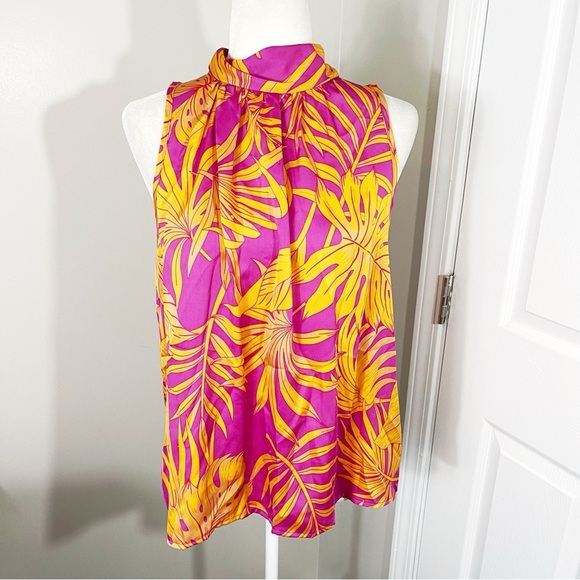 ENTRO Vibrant Fuchsia & Yellow Tropical Leaf Print Sleeveless Halter Top -MEDIUM - Picture 2 of 10
